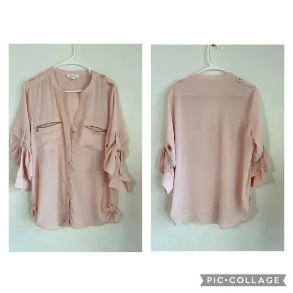 Calvin Klein Zip Pocket Utility Blouse Top Blush Pink Work Business Size Large - Picture 1 of 10